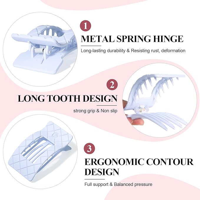 Large Flat Hair Claw Clips for Women Fine Thin Medium Thick Hair, Duckbill Strong Hold Non Slip Square Hair Clips, Cozy French Lay Down Hairclips, Papaya, Blue, Steel Gray, Mood Indigo, 4 Pcs