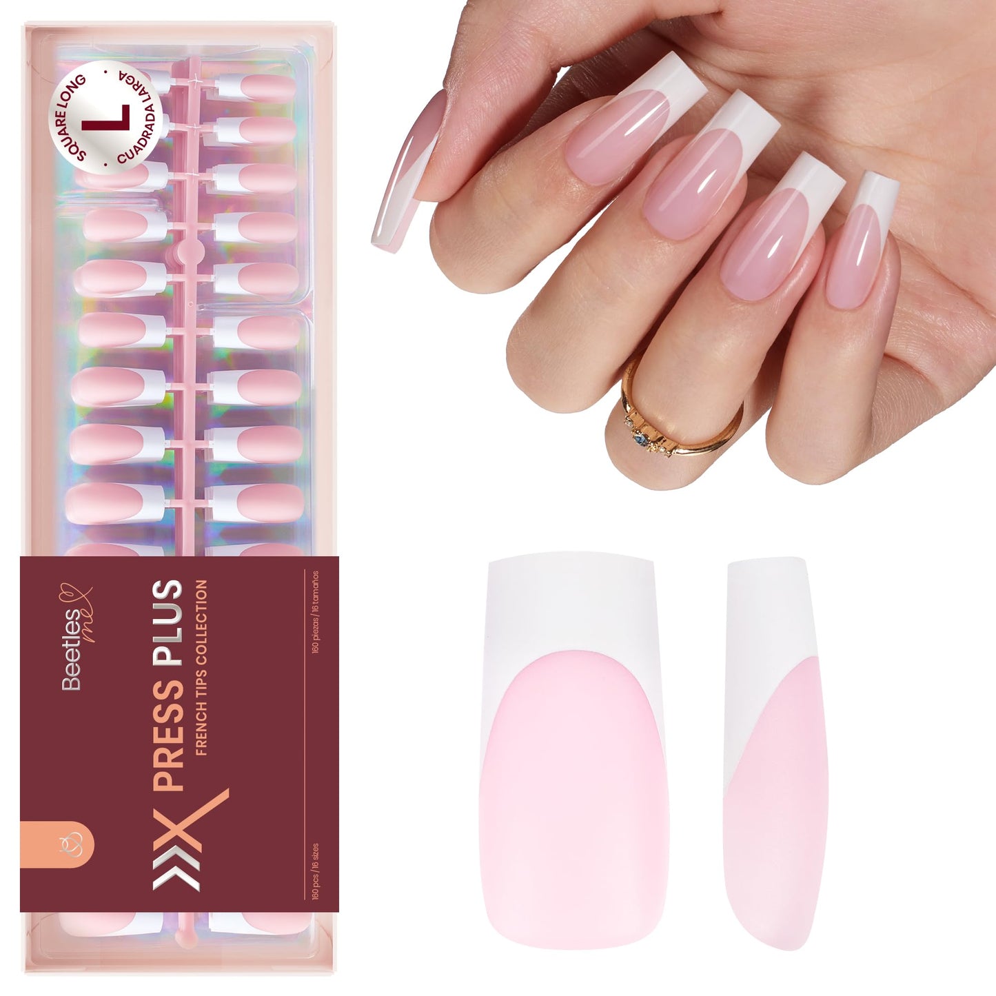 Beetles X Press Plus French Tip Nails - Candy French | Pink Long Square Press On Nails | 16 Sizes 160 Pcs Natural Salon Quality Gel Nail Tips