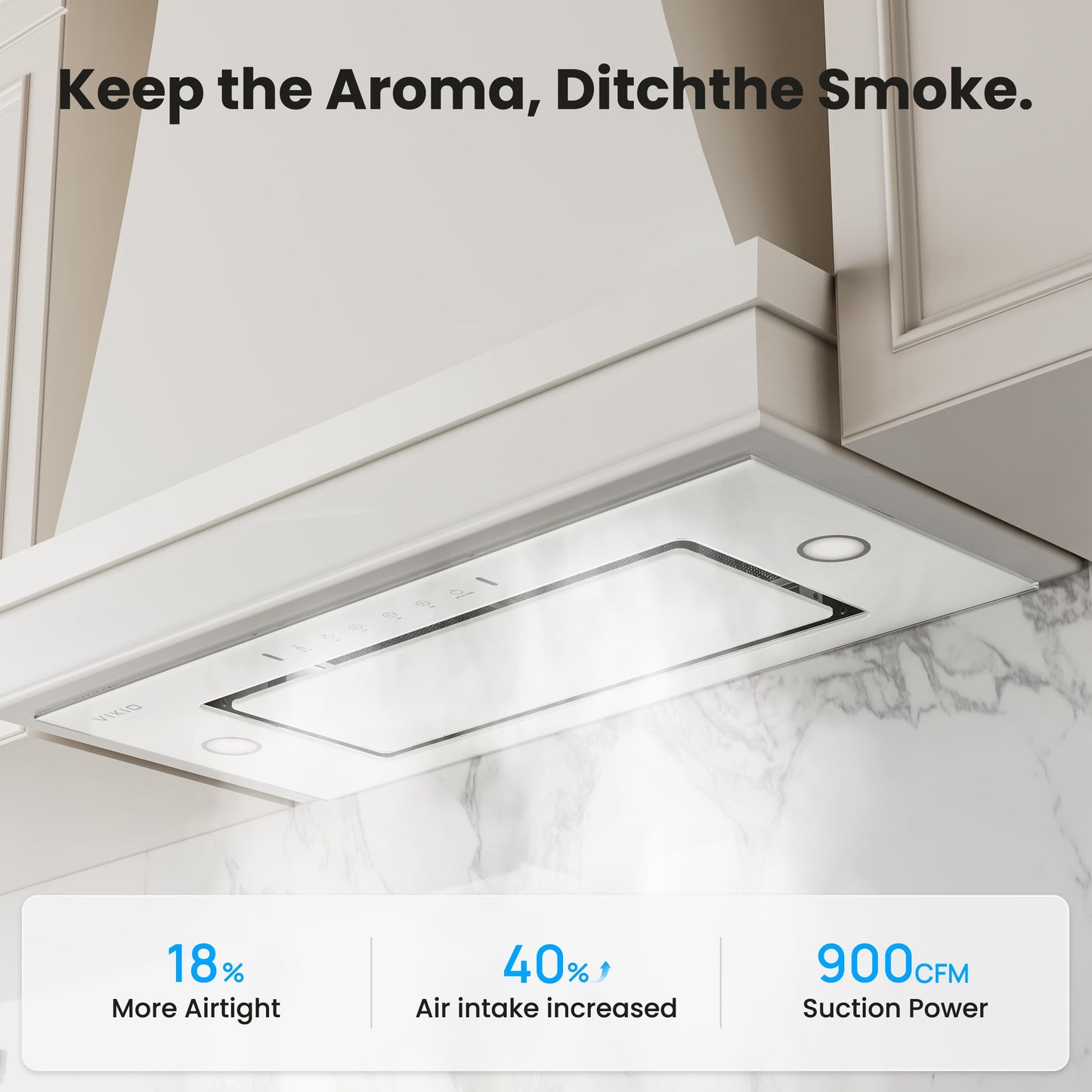 VIKIO HOME Range Hood Insert 30 Inch - Built-in 900 CFM Ducted/Ductless Range Hood with 3 Speed Fan, White Stainless Steel & Tempered Glass with Gesture Sensing &Touch Control for Over Kitchen Stove