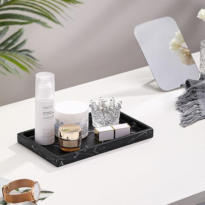 Luxspire Bathroom Vanity Tray, Resin Dresser Jewelry Ring Dish Tank Storage Kitchen Sink Countertop Organizer Plate Holder for Perfume Candles Soap Towel Plant Bathroom Accessories, M, Matte Ink Black