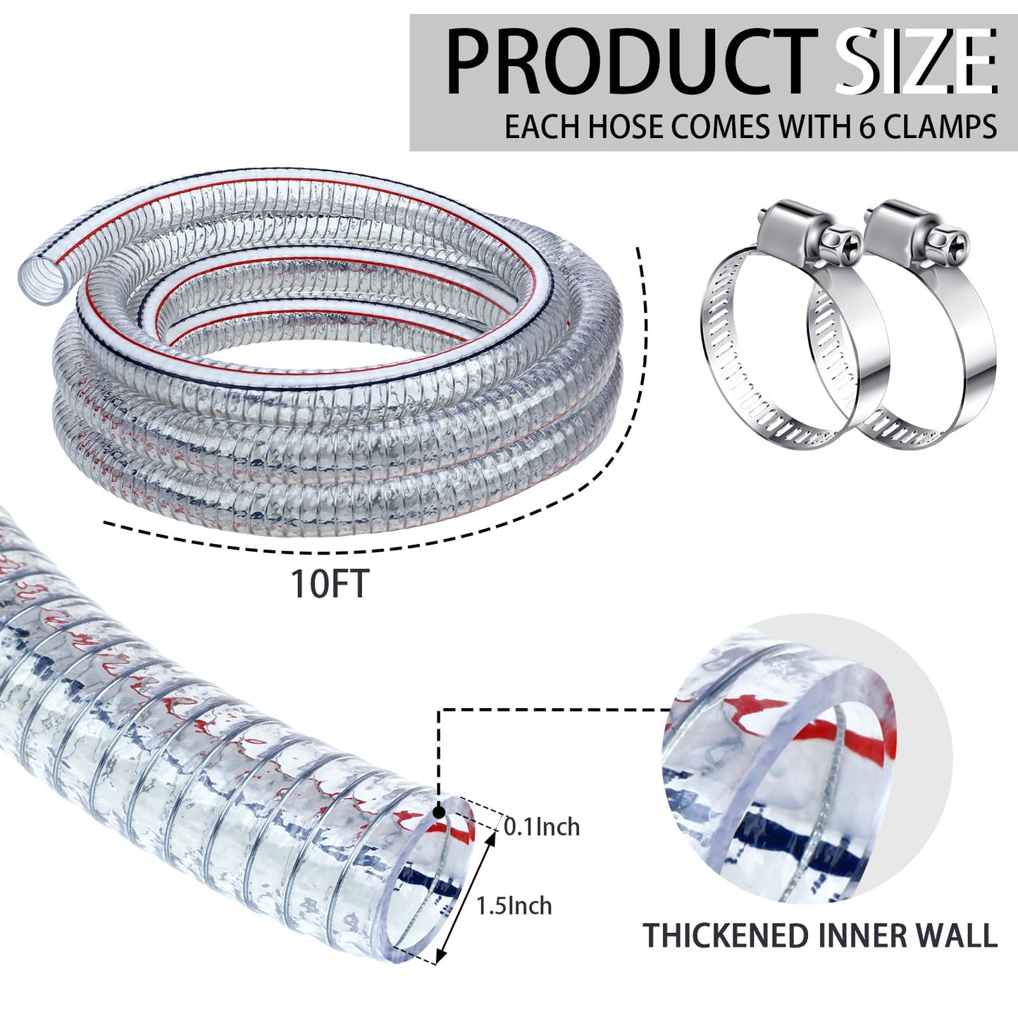 Frienda Heavy Duty Steel Wire Flexible Tubing with Fasteners PVC High Pressure Oil Drain Hose Tube Clear Wire Reinforced for Pond Marine Bilge Pump Garden Pool(10 Ft, 1-1/2 Inch Id)