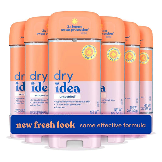 Dry Idea Gel Deodorant & Antiperspirant for Women - Hypoallergenic for Sensitive Skin, 2X Longer Sweat Protection, 72Hr Odor Protection, Unscented, Womens Deodorant, 3 oz (Pack of 6)