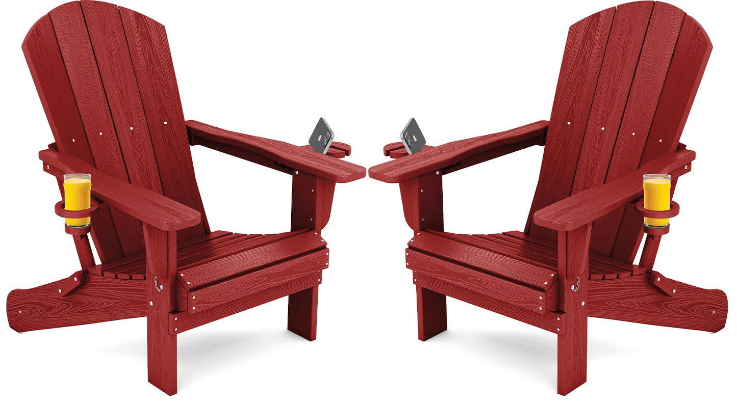 SERWALL Adirondack Chair with Cup Holders - Composite Adirondack Chairs Set of 2 HDPE Outdoor Chairs All Weather Use- Dark Red