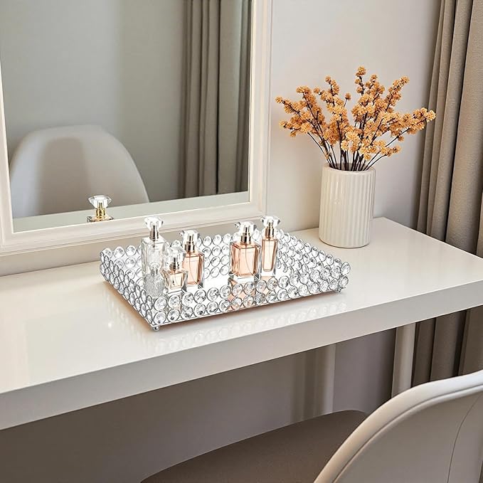 Feyarl Crystal Perfume Tray Cosmetic Vanity Makeup Tray Mirrored Jewelry Trinket Rings Earrings Organizer Storage Decorative Tray for Dresser Countertop Wedding Home Bathroom(13.7" x 7.87")