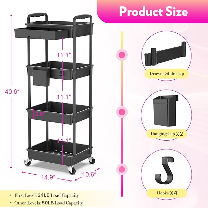 Makeup Cart Organizer with Drawers, 4 Tier Floor Skincare Organizers for Vanity, Rolling Makeup Bathroom Storage Cart Cosmetics Display Cases for Skin Care Perfume Nail Polish, Black
