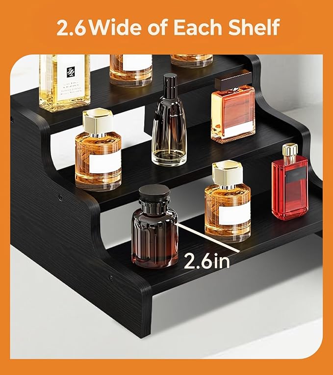 3 Tier Display Risers, Wooden Cologne Organizer for Men, Perfume Organizer Stand, Cologne Stand with Anti-Slip Washers, Wooden Display Shelf Stand for Dessert, Cupcake, Figure and Collection, Black, 3-tier-9.4in