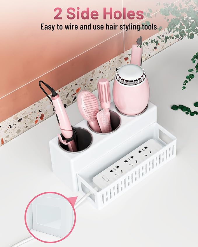 Hair Tool Organizer, Detachable Hair Dryer Holder with 3 Stainless Steel Cups, Wall Mounted Bathroom Organizers and Storage for Accessories, Curling Irons, Straighteners, Toiletries, Makeup