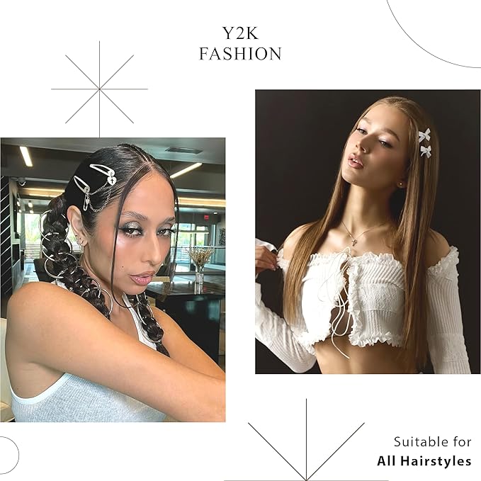 10PCS Y2K Hair Accessories Elegant Pearl Heart Hair Clips Satin White Small Hair Bows Metal Dangle Bowknot Barrettes for Hair