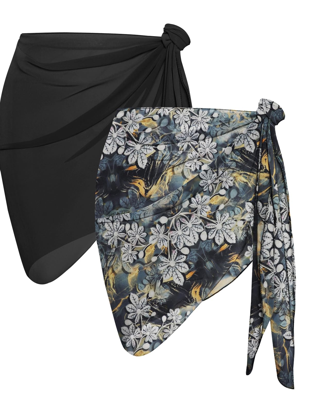 2 Pieces Sarong Cover Ups for Women Beach Bathing Suit Wrap Sheer Short Skirt Bikini Chiffon Scarf for Swimwear (Black, Grey White Flowers)