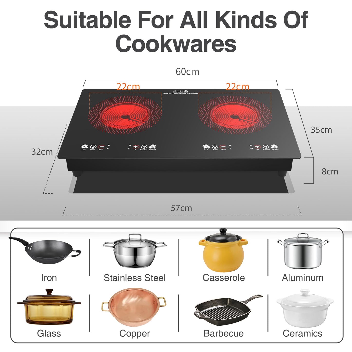 VBGK Electric cooktop,110V 24 inch 2 Burner Electric Cooktop,Built-in and Countertop Stove Top,2200W Stove,9 Power Levels, Kids Lock & Timer,LED touch control,Overheat Protection