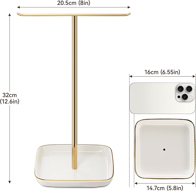 Jewelry Holder Stand with Ceramic Base: 12" Tall Necklace Organizer Rack, Tree Design Display Storage for Necklaces, Bracelets, Rings, Earrings, Aesthetic Room Décor for Girls and Women, Gold