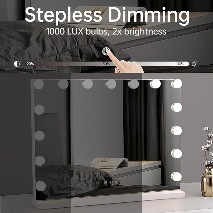 Hollywood Vanity Mirror with Lights, Lighted Makeup Mirror with 10x Magnification for Desk, Dimmable Led Bulbs, 3 Lighting Modes for College Dorm, Bedroom, Dressing Room (White)
