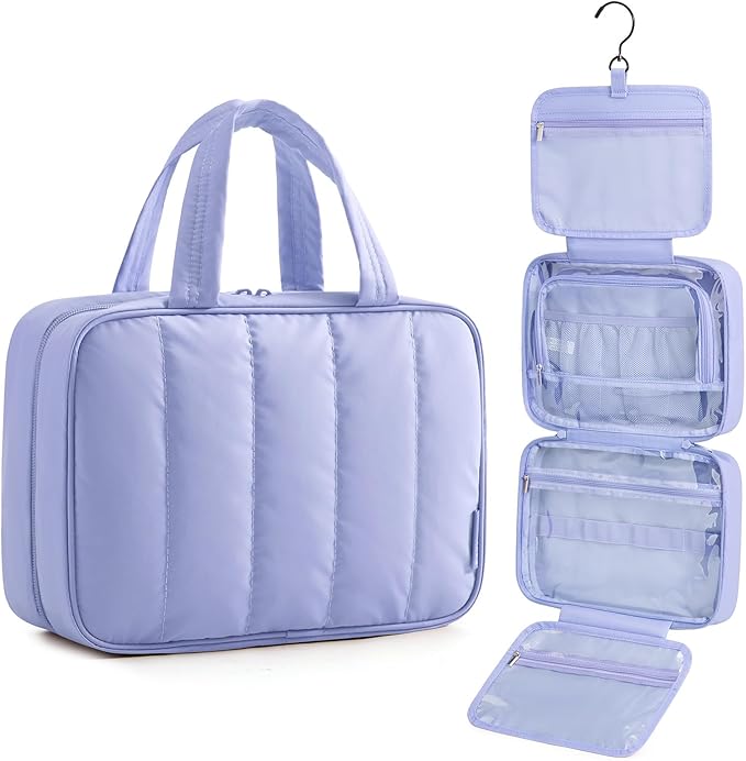 BAGSMART Travel Toiletry Bag for women, Portable Hanging Hook Makeup Bag Organizer, Waterproof Makeup Cosmetic Bag, for Full-Size Accessories, Toiletries,Purple