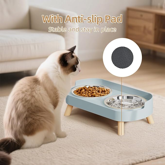 Elevated Cat Bowl, Raised Cat Food and Water Bowl Set for Indoor Cats, Splash Proof with 2 Stainless Steel Pet Food Bowls for Cats and Puppies, Whisker Fatigue and Dishwasher Safe - Blue