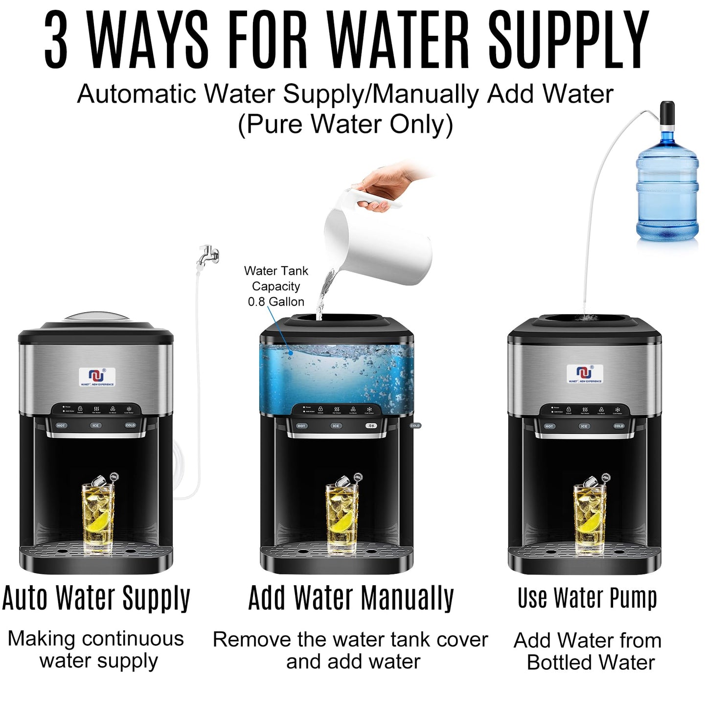 NUNET 3-in-1 Ice Maker Water Dispenser Water Cooler Filled by Water Line w. 10ft Water Inlet Hose 1/2" &1/4" Connector Hot/Cold Water Ready Makes 44 lbs Ice Daily Stores 4lb Ice