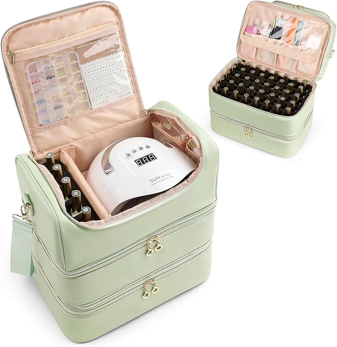 Uross Nail Polish Organizer Bag Holds 90 Bottles Nail Polish, Nail Lamp, Nail Supplies- Nail Organizers and Storage Case for Nail Tech, Nail Stuff Gel Kit Box- Green
