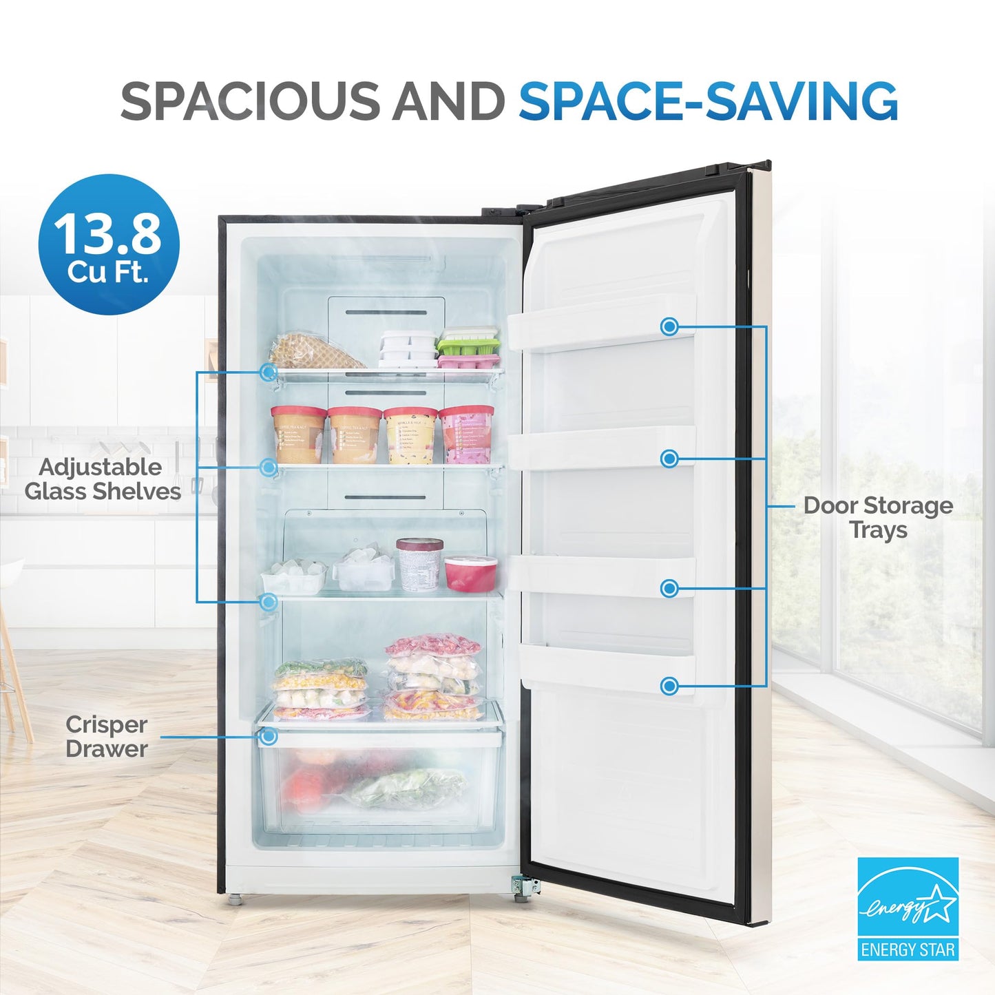 Newair Upright Freezer | 13.8 Cu. Ft., Garage-Ready Stand Up Freezer with Digital Controls, Auto Defrost, Fast Freeze Mode & LED Lighting | Stainless Steel