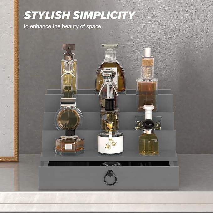 upcessory Cologne Organizer for Men, 4 Tier Black Wood Perfume Organizer with Felt Lining Drawer and Hidden Compartment, Perfume Display Holder, A Gift for Men
