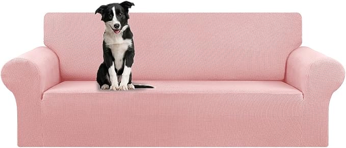 KEKUOU Stretch Oversized Sofa Slipcover 1 Piece Couch Sofa Cover (94"-110") Furniture Protector 4 Seater Sofa with Elastic Bottom for Kids,Pet.Jacquard Checked Pattern Fabric(X Large,Dusty Pink)