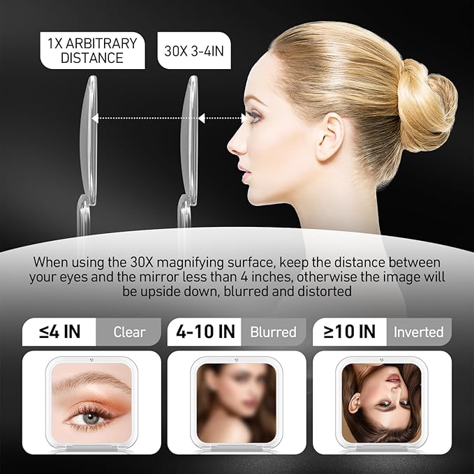 30X Magnifying Mirror, Compact Travel Mirror for Purse & Pocket, Double-Sided 1X/30X HD Makeup Mirror with Tweezers - Portable Mirror for Eyebrow Plucking, Daily Beauty & Travel Essentials, Black