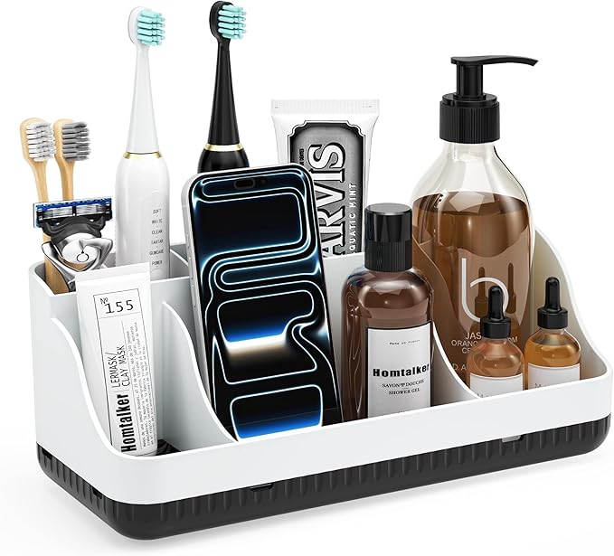 Bathroom Counter Organizer and Storage with 2 Pack Qtip Holder Dispenser, 7 Slots Detachable Toothbrush Holders for Bathrooms, Anti-Slip Electric Toothbrush and Toothpaste Holder Countertop