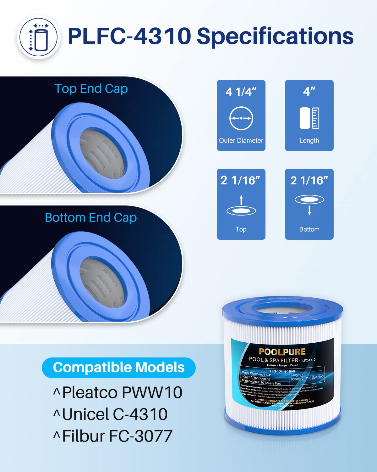 POOLPURE C-4310 Spa Filter Replaces PWW10, Filbur FC-3077, Excel Filters XLS-435, Aladdin 11003, Baleen AK-3006, Darlly 40101, Thermo Spa FL1003, SD-00260 Hot Tub Filter 2 Pack