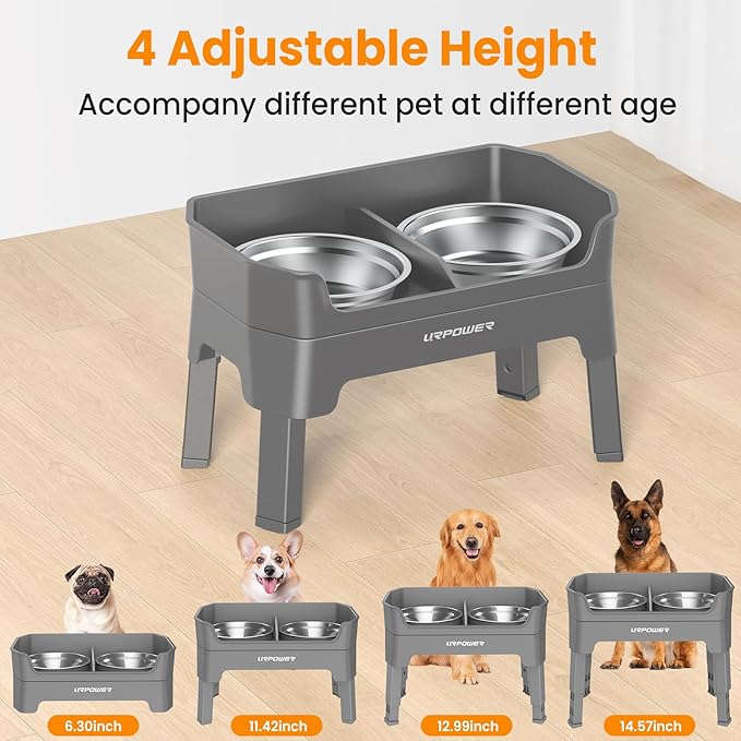 URPOWER 3-in-1 Elevated Dog Bowls - Mess Proof Double Deck 4 Height Adjustable Raised Stand with 2 Stainless Steel Food Bowls and Licking Plate for Small Medium & Large Dogs