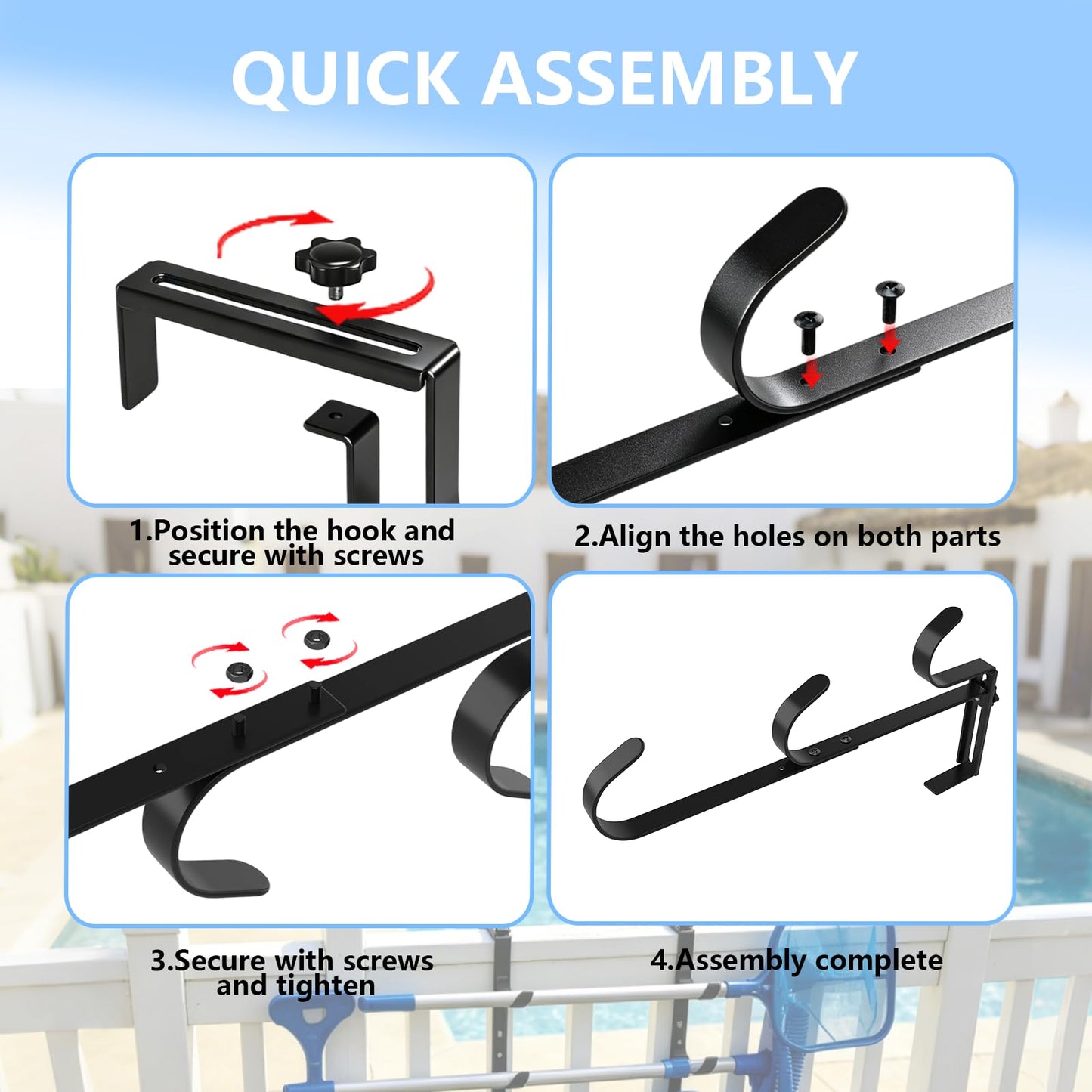 2 Pack Upgraded 3-Tier Pool Fence Hooks for Pool Equipment, Adjustable Heavy Duty Pool Pole Hanger Holder, Rustproof Hooks for Pool Skimmer Pole Vacuum Hose Net Leaf Rakes Garden Tool Organizer