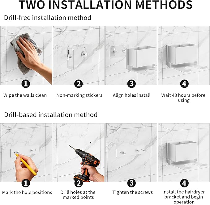YSD Hair Dryer Holder Wall Mounted, Hair Tool Organizer, Blow Dryer Hanger for Dryer Hook, Bathroom Space-Saving Blow Dryer Organizer, White Curling Irons Storage