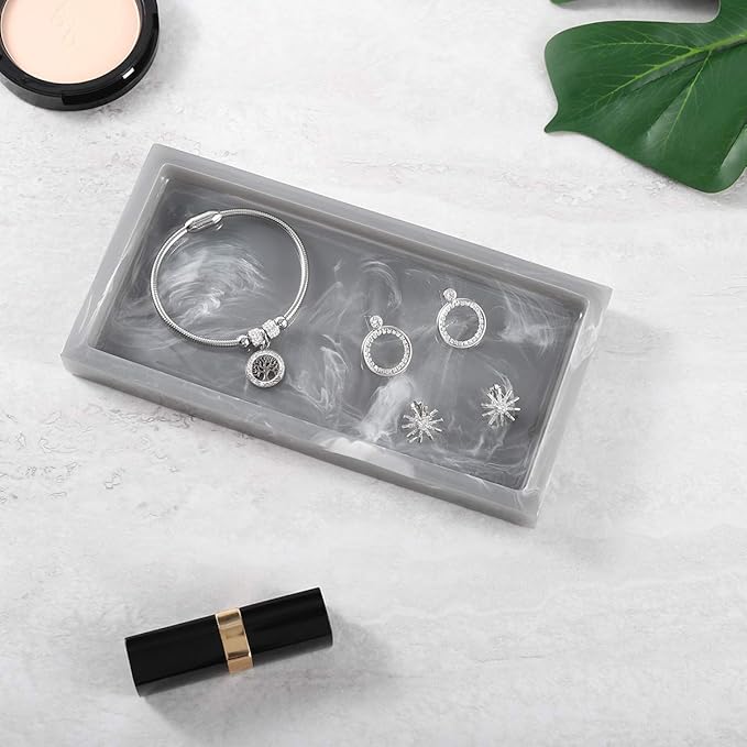 Luxspire Bathroom Vanity Tray, 8 x 4 inch Resin Dresser Jewelry Ring Dish Tank Storage Kitchen Sink Countertop Organizer Plate Holder for Perfume Soap Towel Bathroom Accessories, Mini, Ink Gray