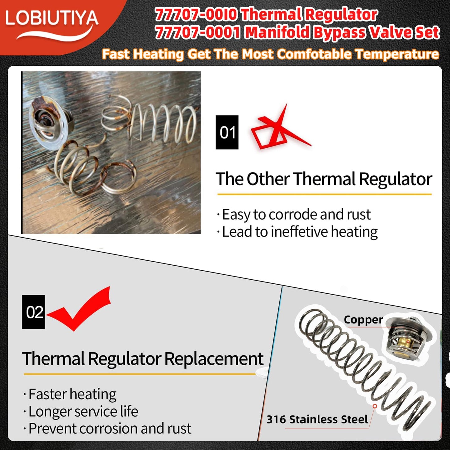 LOBIUTIYA 77707-0010 Thermal Regulator and 77707-0001 Manifold Bypass Valve Kit Compatible with MasterTemp 400 250 200 300 333 and Sta-Rite Pool and Pool Heaters, 38000-0007S Thermal Regulator kit