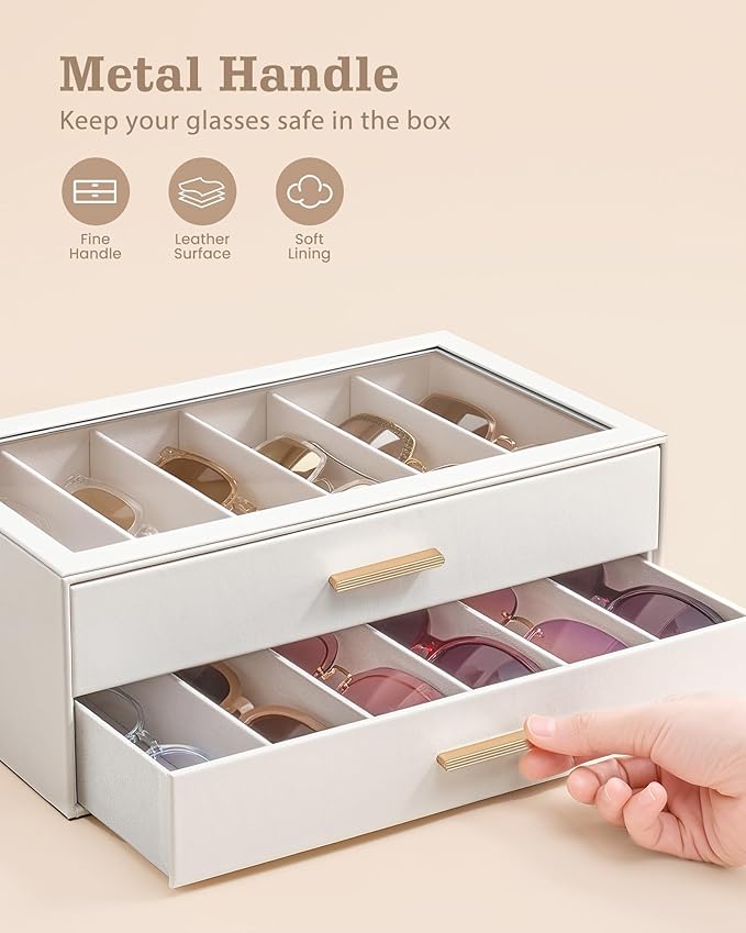 Lolalet Beige Sunglasses Storage Box for Women, Eyewear Eye Glass Organizer with Clear Top Lid Display Holder Case