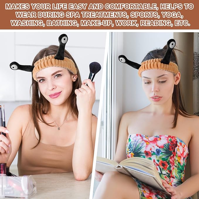Face Wash Headband, Palm and Snail Spa Hair Bands Makeup Headbands Women Cartoon Cute Coral Fleece Elastic Headband Creative Hair Accessories for Washing Face Shower Sports (Brown&Black)