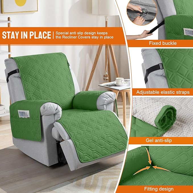 VANSOFY 100% Waterproof Recliner Chair Covers, Recliner Cover Non-Slip Dog Chair Cover Furniture Protector Washable Slipcover with Pocket, Elastic Straps for Pets, Dogs(Vine Green, 30")