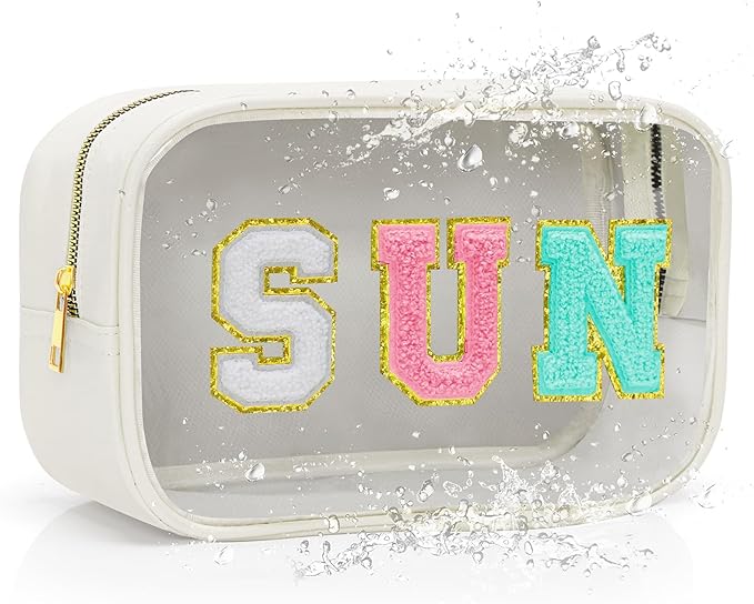 Clear Waterproof Makeup Bag, Cute Sunscreen Bag Pouch with Letter Patches, Travel Beach Pool Bag,Personalized Travel Toiletry Cosmetic Bags Gifts For Girl Women Mom Teacher Nurse (White-SUN)