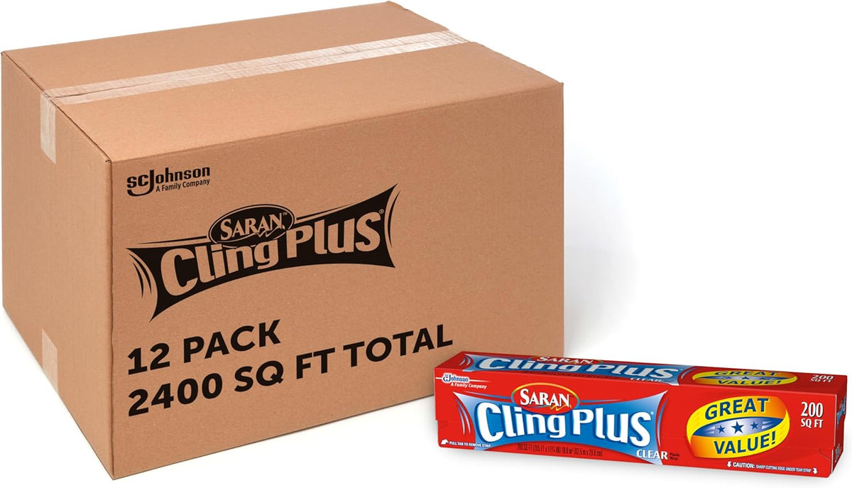 Saran Cling Plus Clear Plastic Wrap, Bulk Food Storage, Easy Dispense, 2,400 Sq Ft Roll