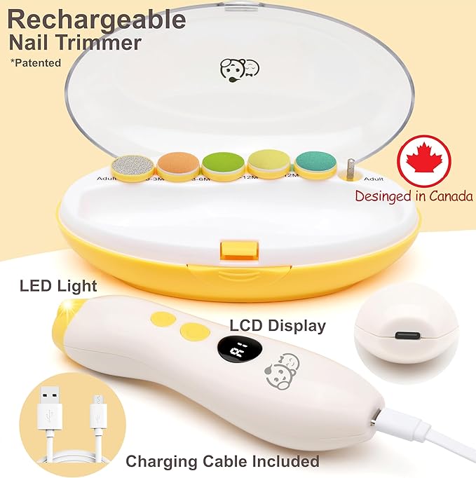 Royal Angels Rechargeable 22 in 1 Baby Nail Trimmer with LCD Display, Labeled Case, 13 Extra Pads, Safe Quiet LED Light Electric Baby Nail File Kit for Newborns Toddlers (Mango)