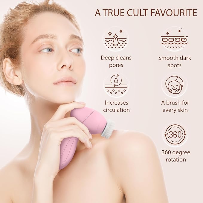 Facial Cleansing Brush Face Scrubber Exfoliating Cleaning Skin Care Cleanser Wash Women Girls Electric Beauty Powered Exfoliator Skincare Spin Tools Scrub Washer Self Care by VISOFO (Rose Quartz)