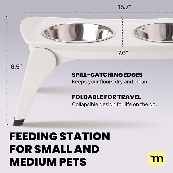 MalsiPree Elevated Dog Bowls for Small Dogs and Cats - 6.5" Raised Feeding Station with Spill-Proof Tray - Foldable Dog Bowl Stand with 2 Stainless Steel Bowls - Modern Scandinavian Pet Feeder, White