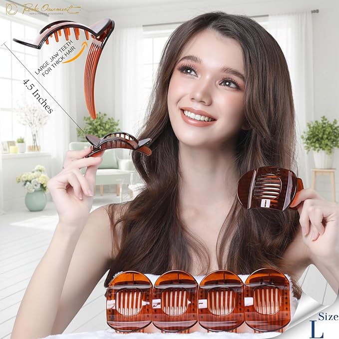 RC ROCHE 6 Pcs Flat Claw Hair Clips for Women Thick Hair French Round Duckbill Square Secure Strong Hold Grip Clamps Barrettes Curved No Slip No Crease Styling Cute Extra Jumbo XL, Large Brown