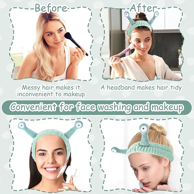 Face Wash Headband, Palm and Snail Spa Hair Bands Makeup Headbands Women Cartoon Cute Coral Fleece Elastic Headband Creative Hair Accessories for Washing Face Shower Sports (Light green)