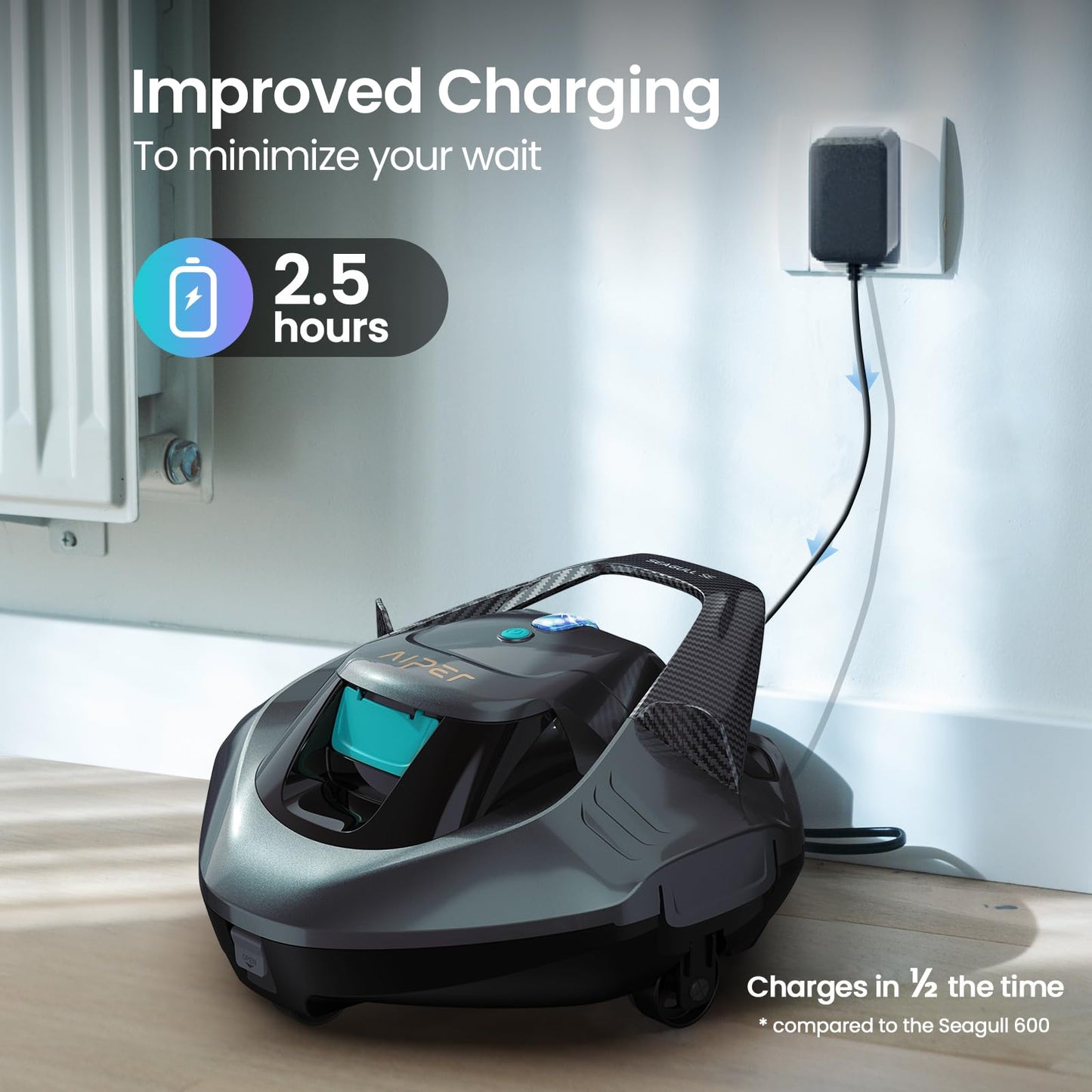 AIPER Cordless Robotic Pool Vacuum, Self-Parking Technology, Portable, Ideal for Above-Ground Flat Pool up to 40 Feet, Grey