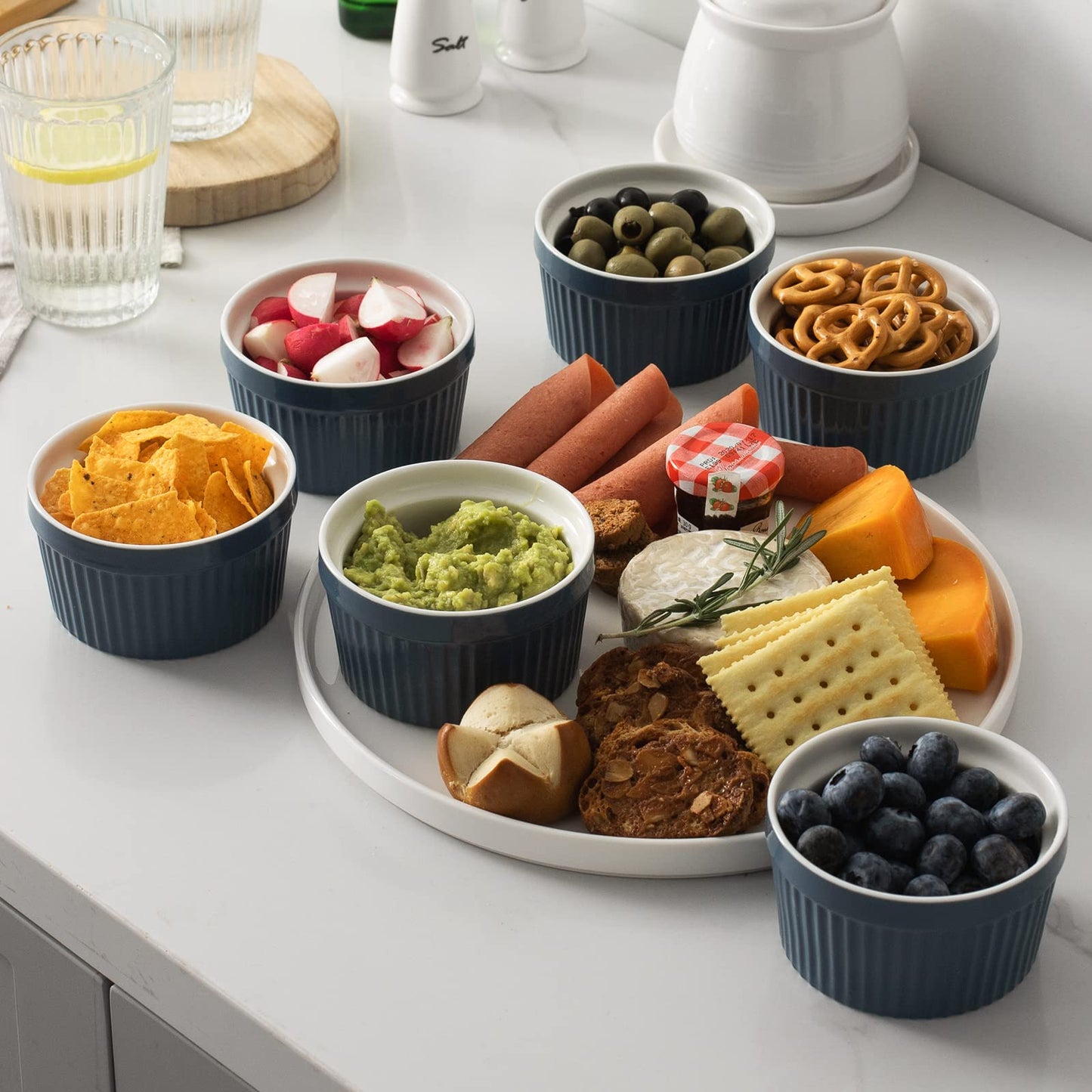 DOWAN 8 oz Porcelain Ramekins Bowls for Souffle, Creme Brulee, Classic Style Ramekins for Baking Oven Safe, Set of 6, Airy Blue