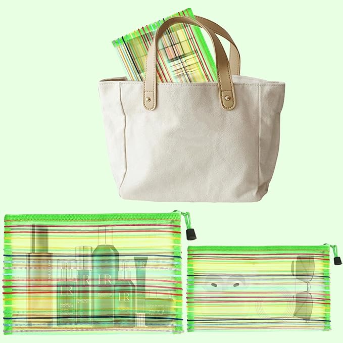 Mesh Bags with Zipper (6 Pack), Nylon Makeup Bag Cosmetic Pouches Travel Organizer Case for Purse Diaper Bag Home Organizing Striped Multi Size Green