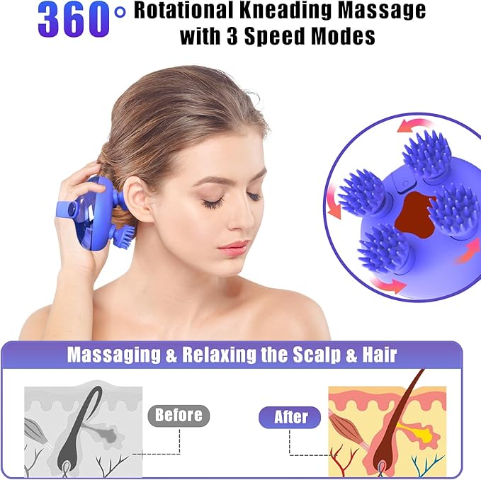 Scalp Massager Electric, Portable Scalp Massager Tool, Waterproof Head Massage Stress Relax, Hair Massagers with 3 Speed Modes & 8 Massage Claws