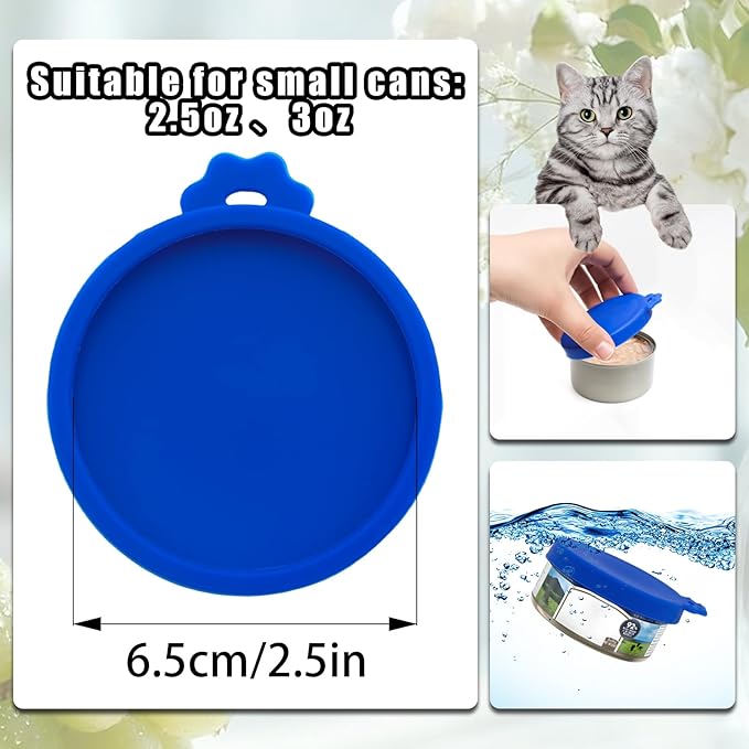 PINE & LINEN 4 Pcs 2.5inch Durable Pet Can Lids, Silicone Small Pet Can Covers Waterproof Cat Food Cans Lids for 3 oz Cat Food Cans（Blue）