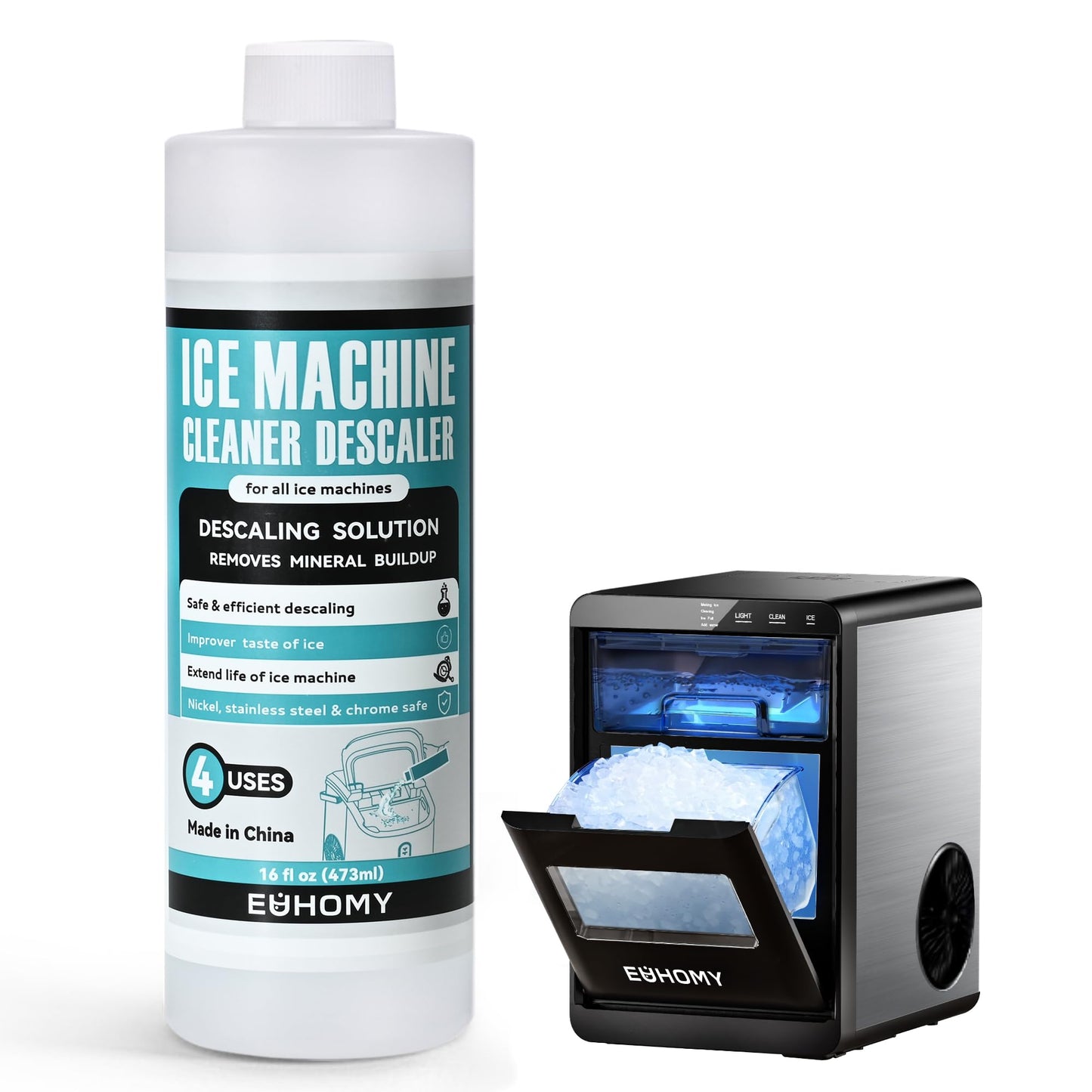 EUHOMY Portable Ice Machine Cleaner Descaler, 16 Fl OZ Ice Maker Machine Cleaner (4 Uses Per Bottle), for All Brands Ice Makers countertop