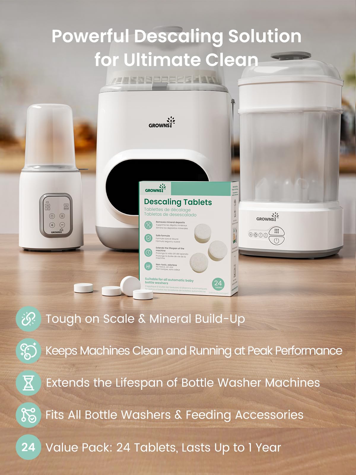 GROWNSY Descaling Tablets for Bottle Washers, Descaler Tablets to Remove Limescale & Mineral Buildup, Compatible with Momcozy and Baby Brezza Baby Bottle Washer, 24 Count