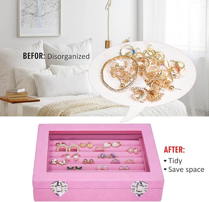 Rings Organizer Tray 7 Slots Velvet Jewelry Earring Storage Box with Transparent lid Jewelry Display Case for Girls Wife Mom Women (Pink)