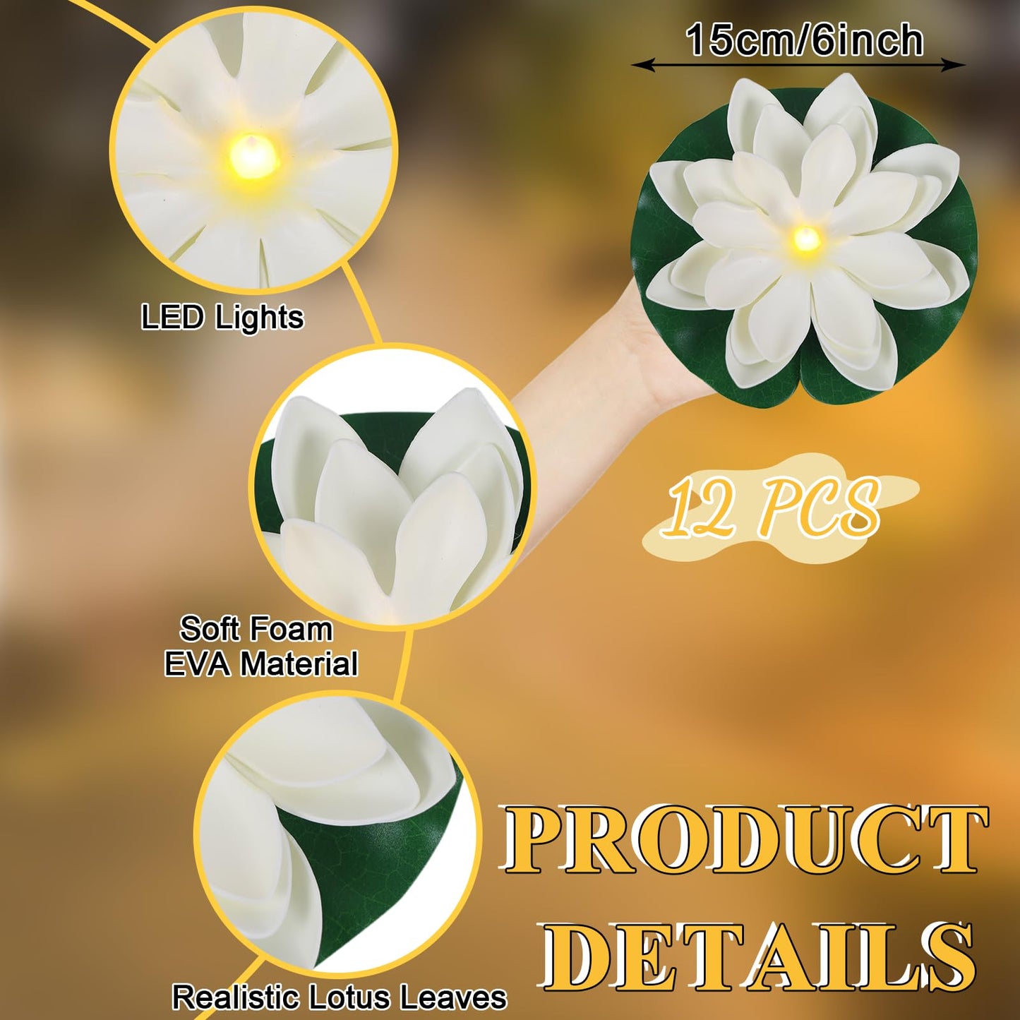 LACGO 12 PCS Waterproof Floating Lotus Light - 6'' Floating Flower Light Battery Operated Water Activated Warm White Pool Flower Lamp Wedding Anniversary Garden Decoration(6 Inch, White)